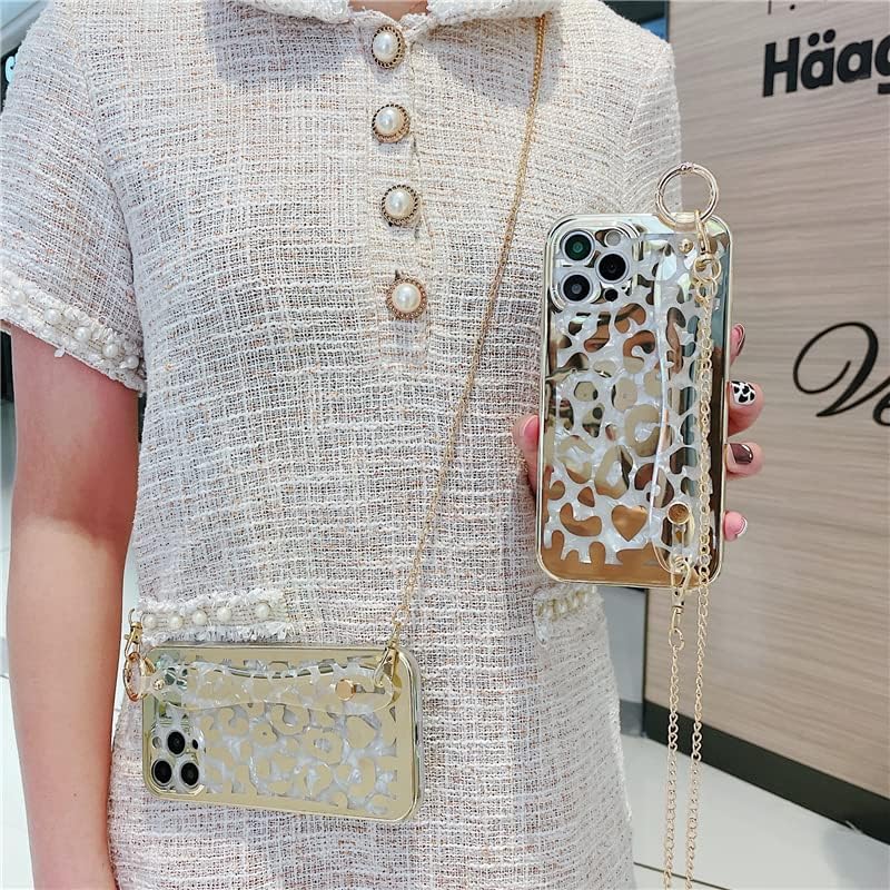 Para iPhone 14 Pro Max Case pulseira Strap Kickstand Luxo Leopard Bling Gold Girls Girls Glitter Glitter Shopfrop