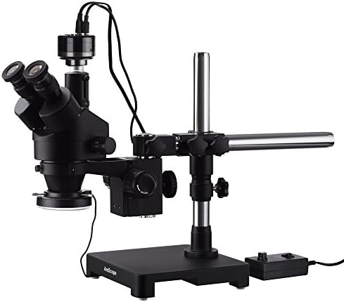 AMSCOPE 7X-135X Microscópio de zoom estéreo trinocular preto no suporte de lança de braço + 144 LED anel