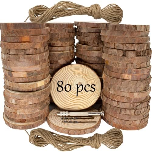 Fatias de madeira naturais inacabadas 80 PCs Círculos de madeira de 3,2 a 4 polegadas para artesanato Kit de madeira