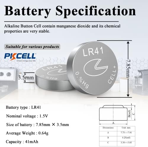 PKCELL AG3 1.5V Bateria LR41 392 384 192 Célula alcalina de botão para termômetro digital- 5Count