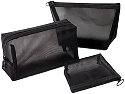 Bolsa de malha preta Conjunto de 3 peças, bolsa de malha cosmética tridimensional de zíper, caixa de armazenamento