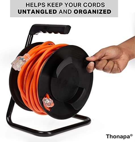 Reel de armazenamento de cordão de extensão Thonapa, bobina de cabo preto - portátil com suporte de metal,