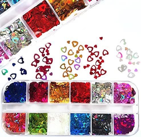 Ligas de brilho do coração para a arte das unhas do Dia dos Namorados, 12 cores 3d Sparkles holográficos