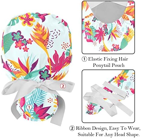 Bapa de trabalho de pássaro floral doodle com Button & Sweatband, 2 pacotes reutilizáveis ​​Cirurgia cirúrgica