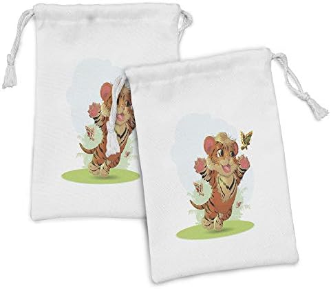 Conjunto de bolsas de tecido de desenho animado de Ambesonne, Cub, brincando com borboletas no prado alegre