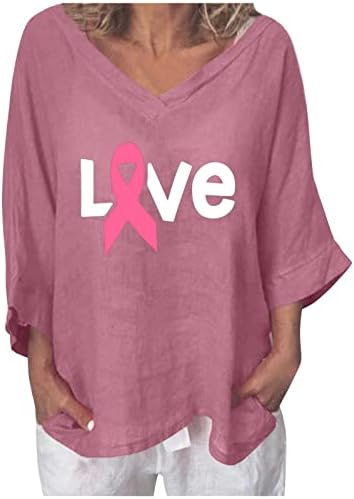 Camisa de linho casual feminina 3/4 Batwing Sleeve Breast Câncer Blusa Top T Top V Neck Camiseta gráfica