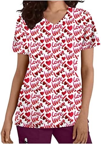 Womens Love Heart Graphic Scrub camisetas para mulheres casuais manga curta V bolso de pescoço trabalhador