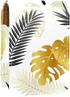 Caixa de batom de folhas tropicais douradas pretas para viajar para fora, mini bolsa cosmética de couro