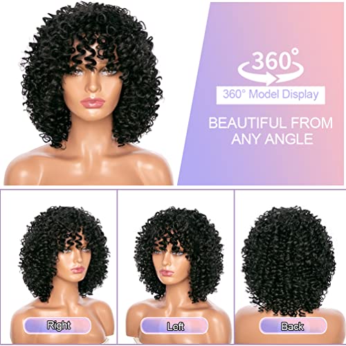 Perucas encaracoladas para mulheres negras, perucas afro macias de 14 polegadas com franja, perucas pretas