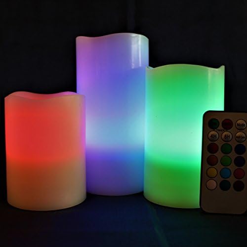 Bateria de velas sem chamas com múltiplas coloridas LED operada, 3 redonda de cera de marfim com controle remoto