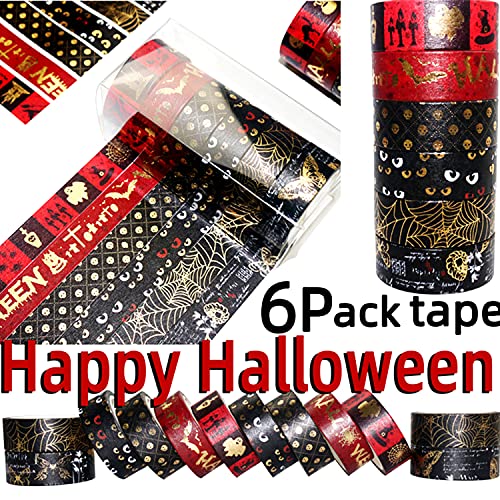 VEYLIN 6ROLLS Fita washi de Halloween, fita adesiva decorativa brilhante para embalagens de presentes