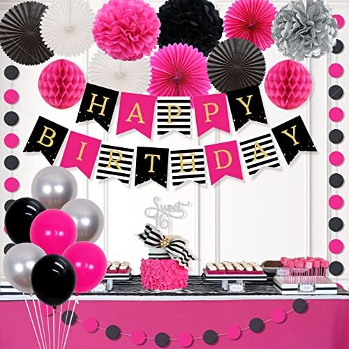 Decorações de aniversário de 16º aniversário para meninas rosa quente e preto dourado feliz aniversário bandeira