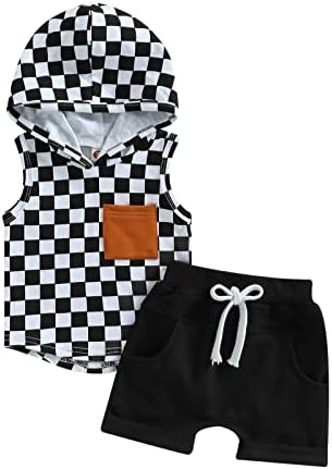 Criança de menino de menino roupas de verão sem mangas xadrez capuz tampas xadrezas+shorts casuais conjuntos