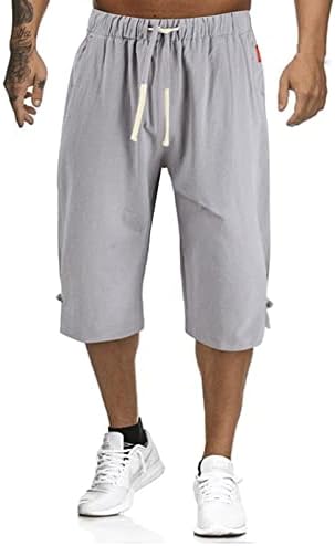 Mens shorts de amarração solta de linho de algodão de algodão Casual calças de cintura elástica de