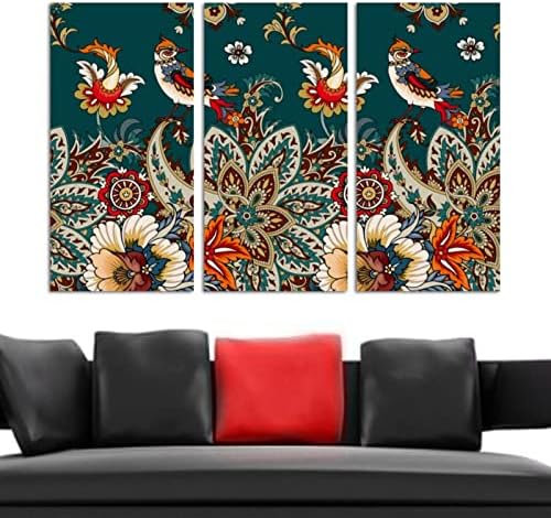 Arte de parede para sala de estar, Paisley Flowers Floral Birds Padrão emoldurado Pintura a óleo Decorativa