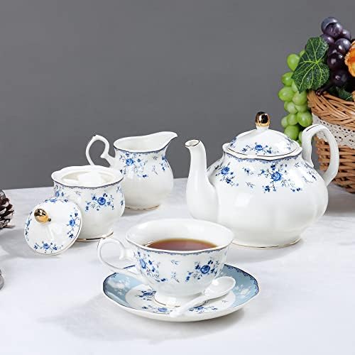 Fanquare 21 peças Floral Porcelain Tea Conjunto, xícara de chá britânica e pires para 6, Tea Party Set para mulheres,
