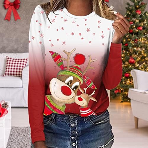 Feliz Natal Tops de Natal feminino 3D de veado impresso Casual de manga longa Camiseta do pescoço