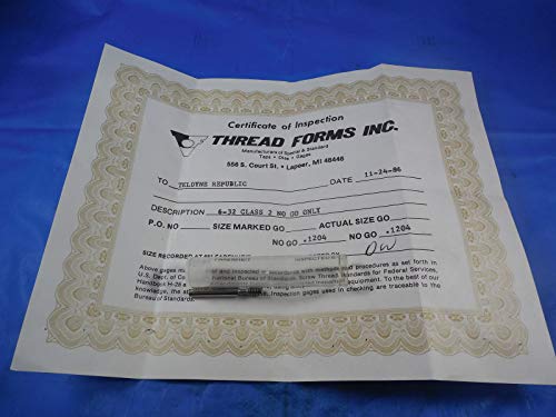 Certificado 8 32 UNC 2 Plugue de thread Gage 8 .164 Não GO SOMENTE P.D. = .1204 Inspeção