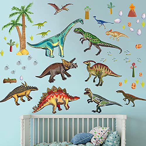 Decalques de parede de dinossauros para o quarto dos meninos, adesivos de parede de dinossauros em aquarela para