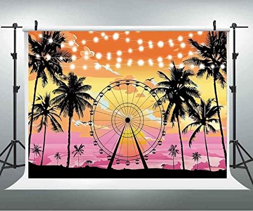 Summer Seaside Ferris Wheel Photography Backdrop Hawaiian Seaside Sunset Palm Tree Silhouette Tropical Beach