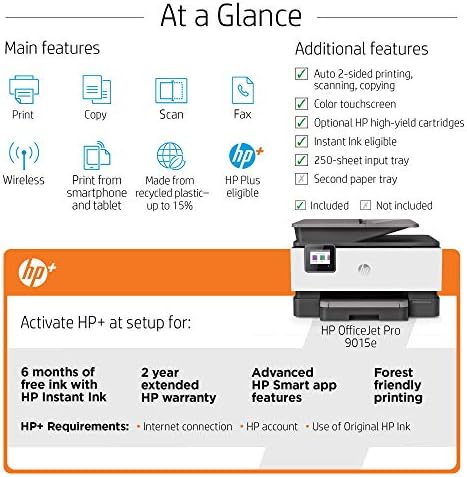 HP OfficeJet Pro 9015E All-in-One Wireless Color Printer for Home Office, compatível com Alexa