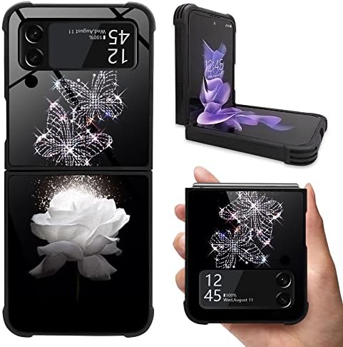 Zhegailian para Samsung Galaxy Z Flip3 5G Case, White Rose Butterfly Galaxy Z Flip3 Casos para meninas,