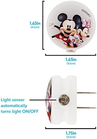 Disney Mickey e Minnie Glo Dot, luz noturna, sensor de luz, entardecer para Dawn Sensor, plug-in, compacto, certificado UL, ideal para quarto, banheiro, corredor, lavanderia e mais, 2 pacote, 76699-T1