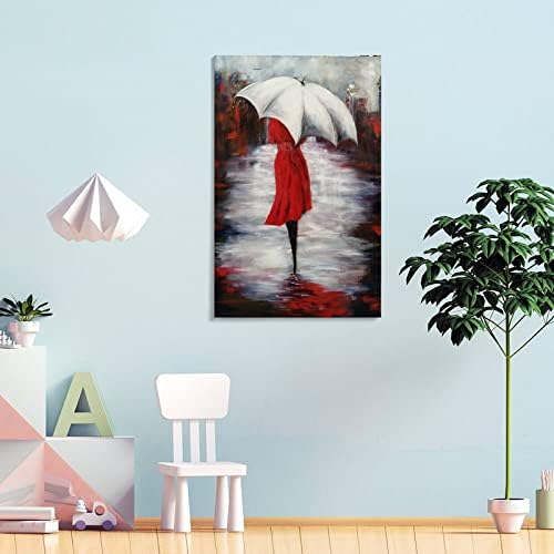 Resumo Canvas Poster Garota guarda-chuva vermelha vestido de pedestres de pedestre