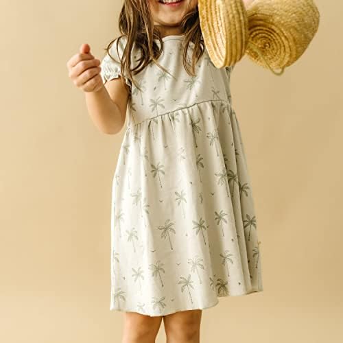 Makemake Organics Gots Organic Cotton Dress Girls Twirly Puff Sleeve Sleeve Sleeve Costa Recém -nascido para