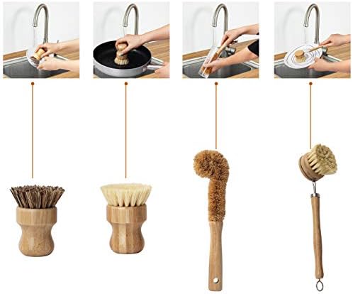 Praço de lavagem de prato de bambu natural da Terra - Fabricado de 4 peças - Feito a partir de cerdas naturais
