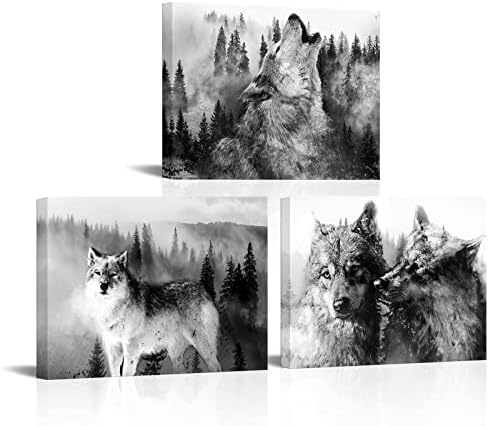 OUelegent 3 painéis de lobo lobo artes de parede florestas pinturas de animais de animais preto e branco lobos