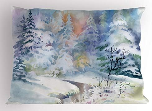 Ambesonne Winter Pillow Sham, interpretação da pintura em aquarela de uma cena nevada e padrão embaçado,