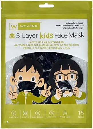 Wovenx - FDA registrado, 5 Ply descartável Black Kids Face Mask 15 Pack, Earloops ajustáveis, selados individualmente