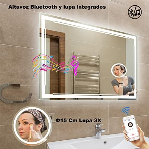 M LTMIRROR 48''X30 '' Mirror de banheiro LED com alto -falante bluetooth embutido e líquido 3x - espelhos de parede de maquiagem de vaidade iluminada inteligentes - 3 luzes de ajuste anti -capa, botão de toque diminuído