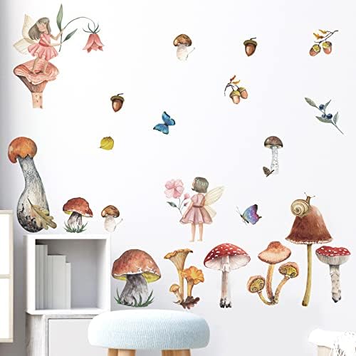 Decalque de parede de cogumelos para quarto, adesivos de parede da floresta aquarela para viveiro, arte