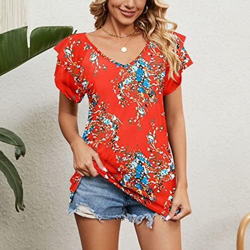Camisa de blusa gráfica floral para mulheres de verão Ruffle de manga curta Cotton V Neck Top JG JG