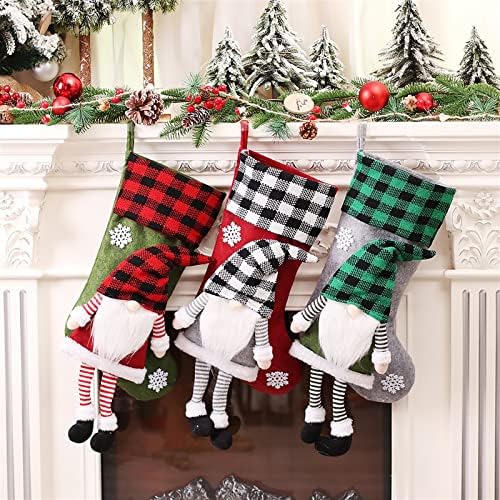 Aetygh 3 pacote meias de Natal, búfalo Verifique as meias figuras de elfo gnome de Natal, decorações