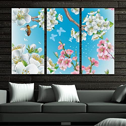 Arte de parede para sala de estar, Japão Flores de cerejeira emoldurada Conjunto de pintura a óleo decorativa