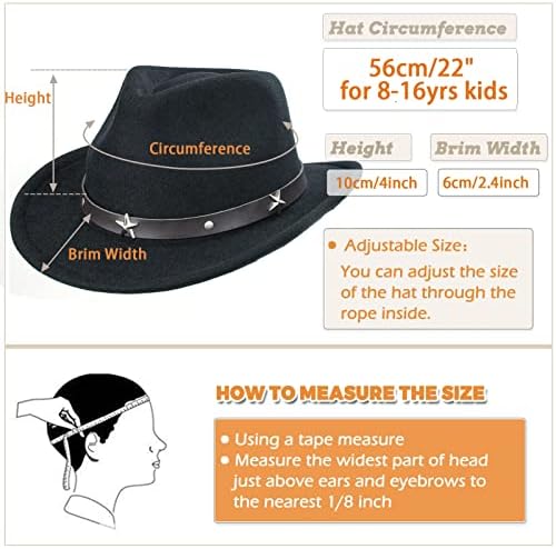 Chapéu de cowboy preto ocidental para jovens garotos meninas de meninas sentiram chapéu de fedora panamá com