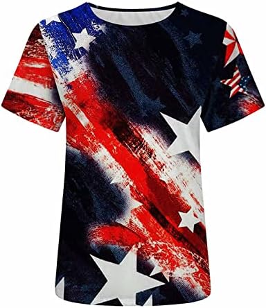 Tops femininos Moda Casual Independence Day Bandeira Impressão redonda Camisetas de camisetas Blush Bush