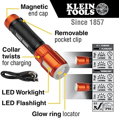 Klein Tools Lanterna LED recarregável com luz de trabalho e luz de bolso LED à prova d'água recarregável