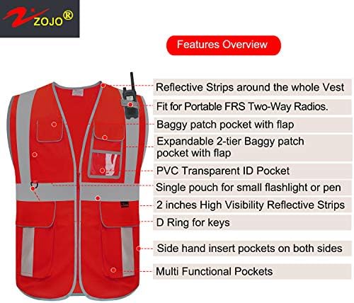 colete de segurança de alta visibilidade do Zojo, refletindo com bolsos multifuncionais e zíper, para homens