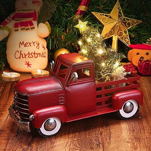Decoração de Natal de Caminhão de Metal Vermelho com Ornamento de Árvore de Natal Removível LED, Caminhão