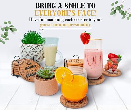 Coasterlux Cork Coasters para bebidas absorventes com suporte - conjunto fofo e engraçado de 8