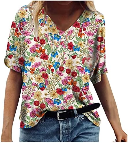 Camisa de brunch de meninas equipe de manga curta Deep V Neck Cotton Floral Graphic Fit Fit Cyberpunk Top camiseta