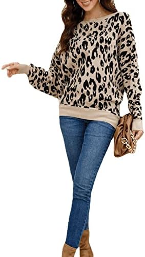 Casmeu de caxemira feminina impressão de leopardo solta um pescoço de manga comprida tricô de suéter