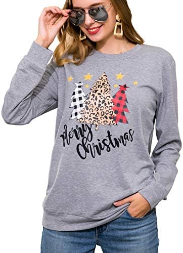 Feliz Natal Sweatshirt for Women Christmas Plaid Leopard Tree Print Blouse Blouse Shirts Holiday