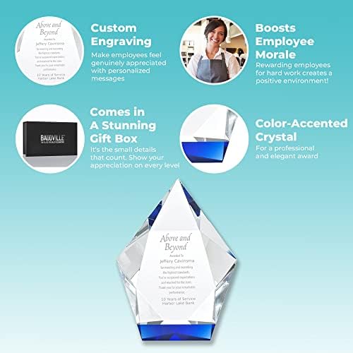 Troféu gravado - cristal - azul na base - prêmio para funcionários - gravação personalizada - vem na caixa de presente