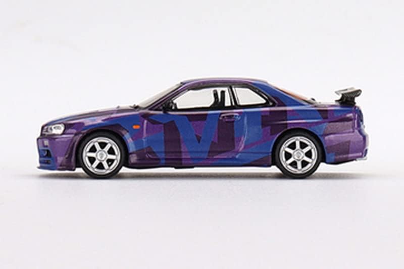 Mini GT Miniaturas de escala True Modelo Compatível com o Nissan Skyline GT-R V-Spec II Digital Camouflage Purple