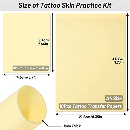 8pcs Tattoo Practice Skins e 10pcs Papões de transferência de tatuagem, Modacraft 5.7x7,6 lados